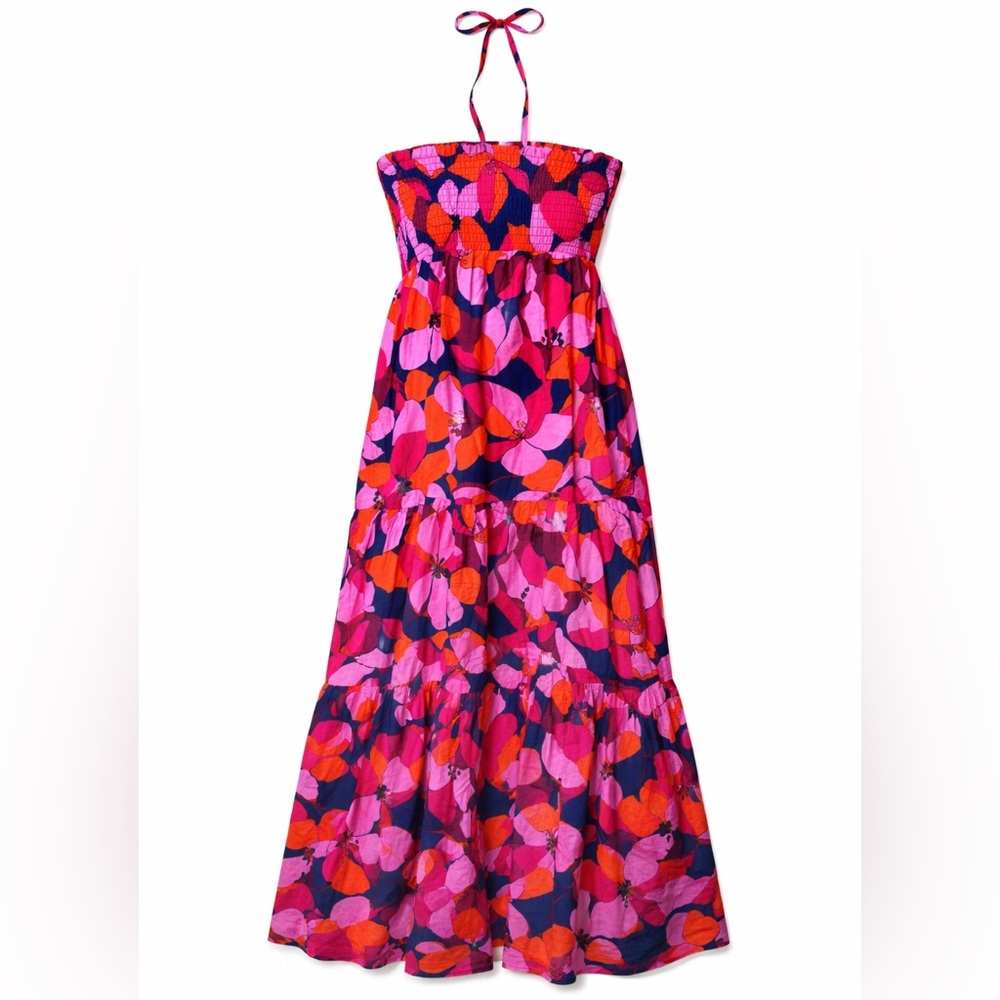 Abel The Label Floral Halter‎ Maxi Dress S Boho Smocked Tiered Summer